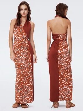 DVF DIANE VON FURSTENBERG chase dress in caramel/chestnut wrap maxi halter 2